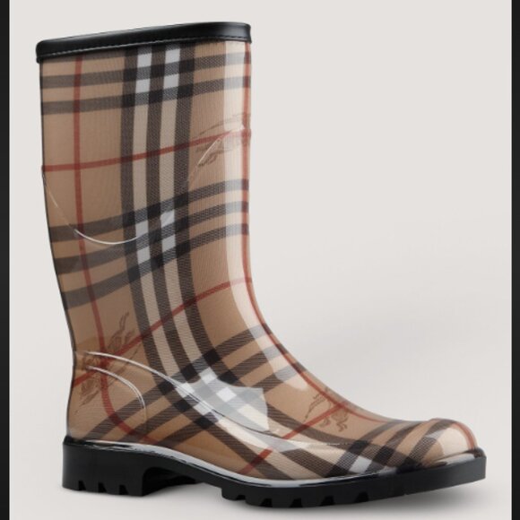 Burberry Plaid Rubber Calf High Leather Trim Rain Boots Size 39 US6 checker blac - Picture 1 of 16